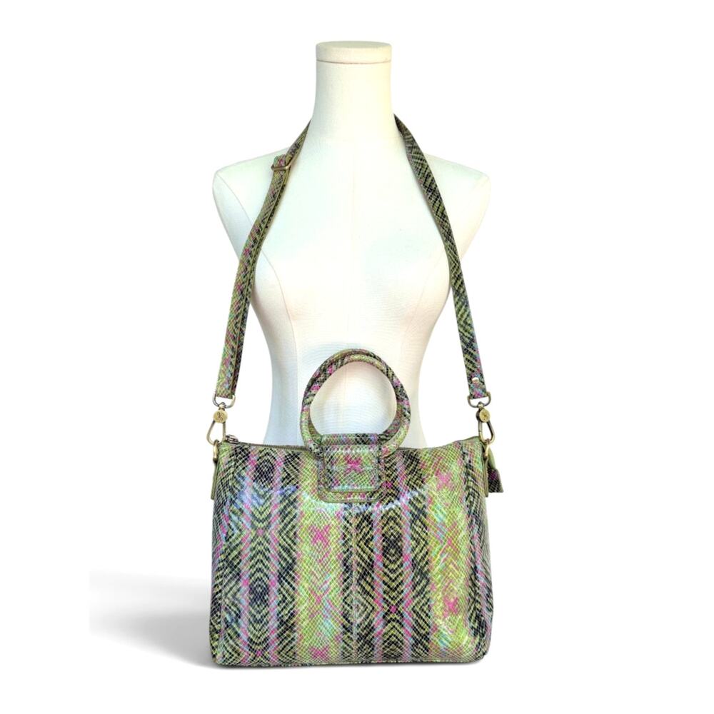 HOBO Sheila Satchel Snake Embossed Green Pink Leather Crossbody Shoulder Bag